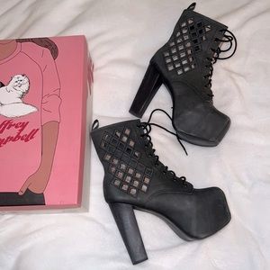 Jeffrey Campbell Spade Black Washed Lace Up Platform Block Heel Booties Size 8